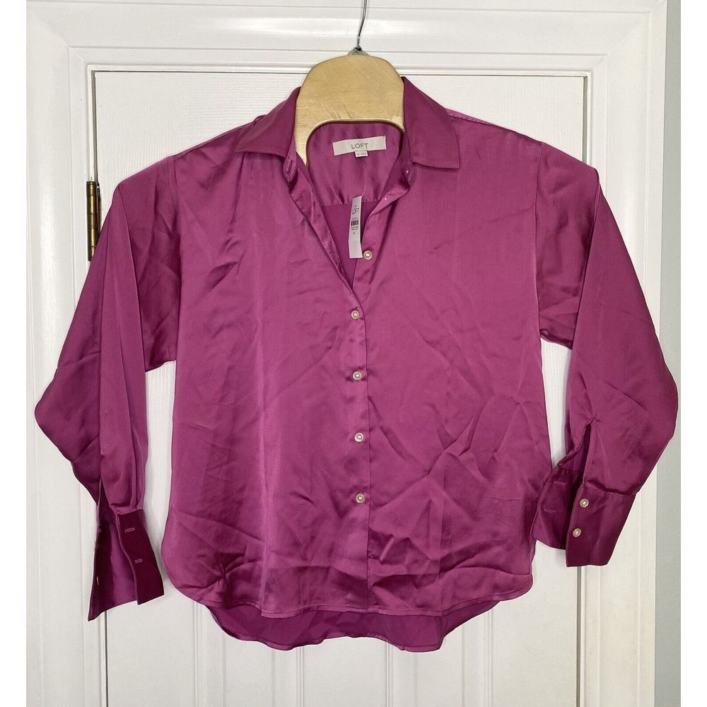 Loft Women's Satin Everyday Button Front Shirt Pink XS New
